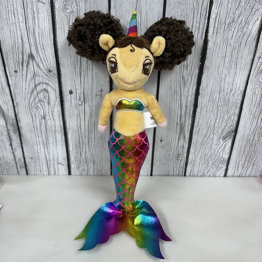 YOUnicorn Kidz Mermaid Unicorn Plush Doll Brown Afro Puffs Rainbow Tail